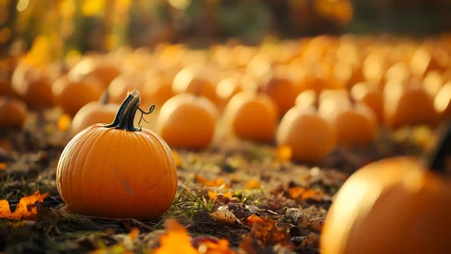 Single orange pumpkin in sharp focus in sunny field.