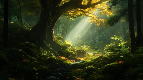 Ancient Forest Cathedral: Golden Light Through Towering Trees.