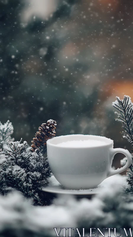 White winter coffee cup amid snow covered pine boughs.