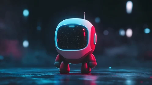 Small stylized robot on reflective surface at night.