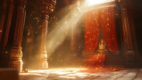 Golden light over a quiet temple throne and flowing drapes.