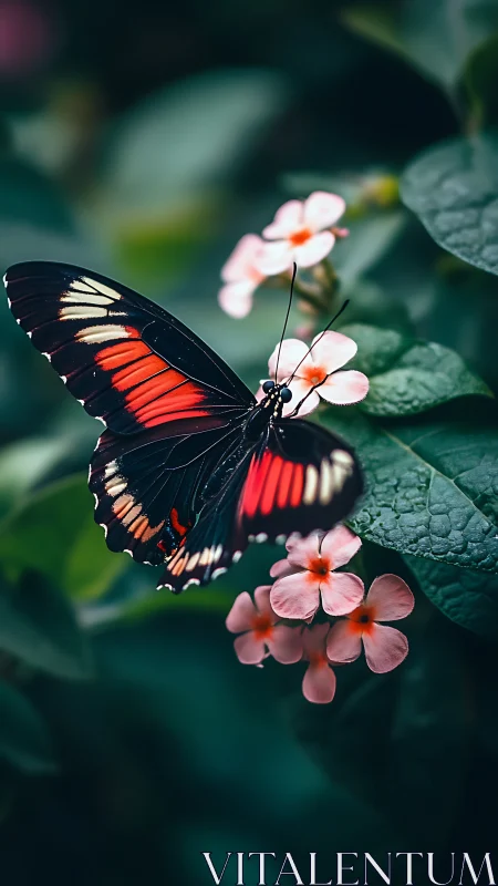 Black red butterfly on pink flowers in lush garden.