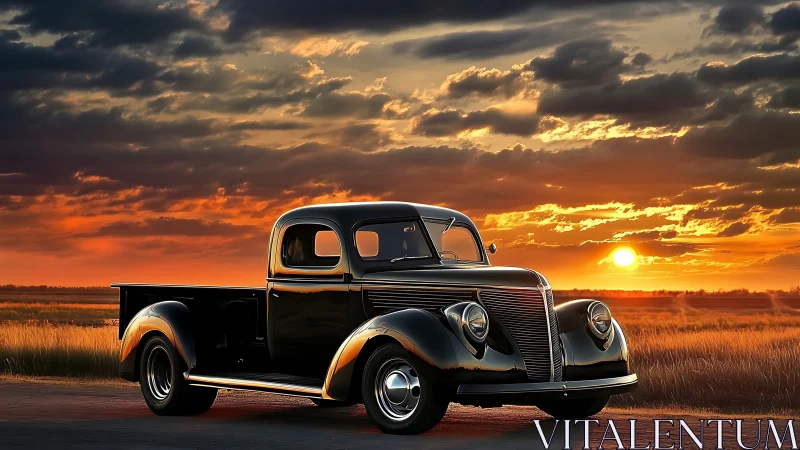 Vintage black pickup truck on rural road at sunset horizon.