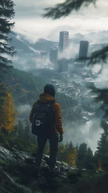 Hiker overlooks misty forest valley with emerging modern city