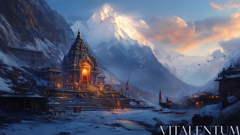 Glowing mountain temple sanctuary in a peaceful snowy valley.