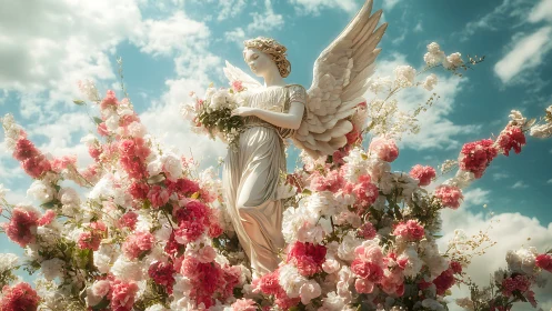 Winged marble angel amid dense pink and white floral canopy