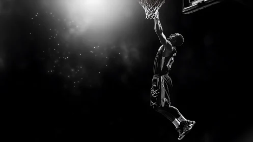 Midair basketball dunk frozen in glowing spotlight drama.