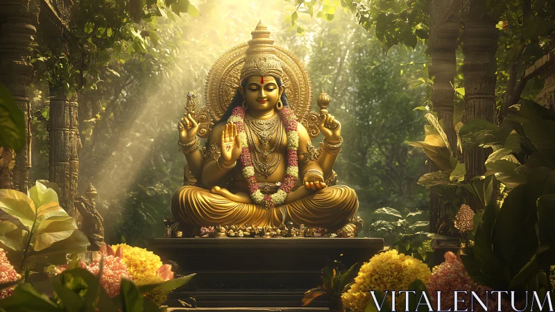 Golden Hindu deity statue sits in forest shrine with sunlight