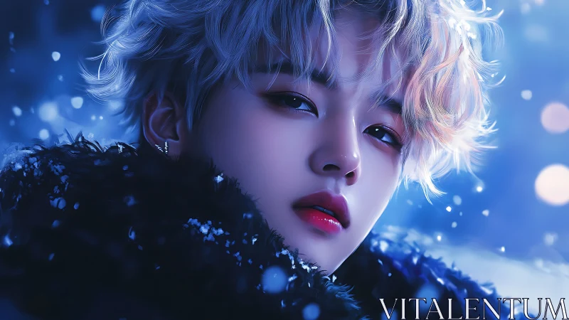 Digital portrait in icy nocturne lighting with soft bokeh focus.