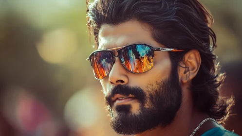 Bearded man wearing mirrored sunglasses in warm sunlight.