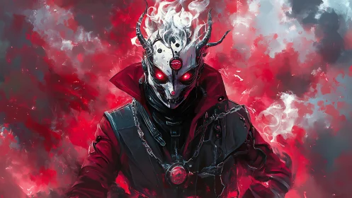 Demonic cybernetic warlord with horned mask in red vapor field