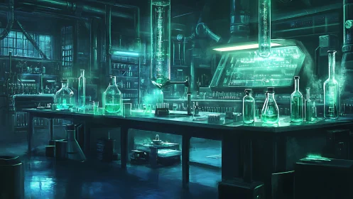 Futuristic laboratory bench displays illuminated chemical glassware