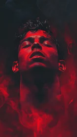 Crimson-illuminated male portrait in ascending vapor field.