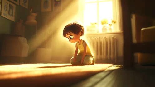 Lonely child kneels in golden morning light, lost in thought