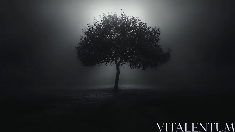 Solitary tree silhouette in dense night fog with backlight.