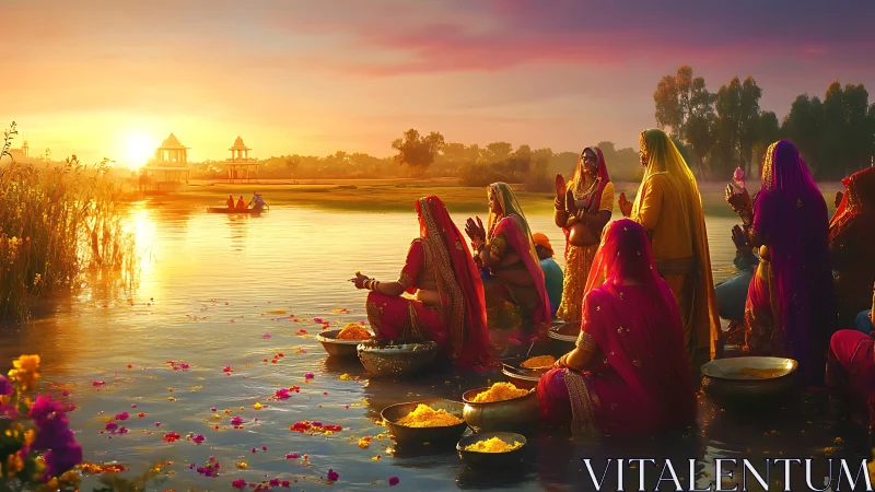 Sunrise hymns ripple over river blooms and jeweled saris