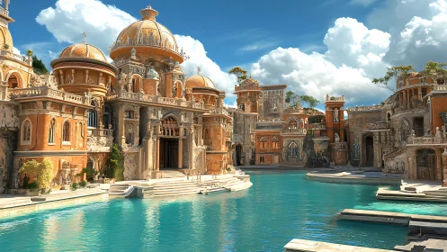 Mediterranean palace complex with domes around turquoise pool