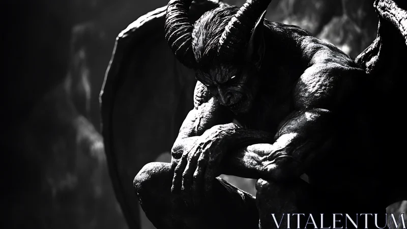 Brooding horned guardian resting in stark shadowed light.