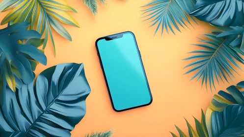 Smartphone Surrounded by Tropical Foliage on Warm Background