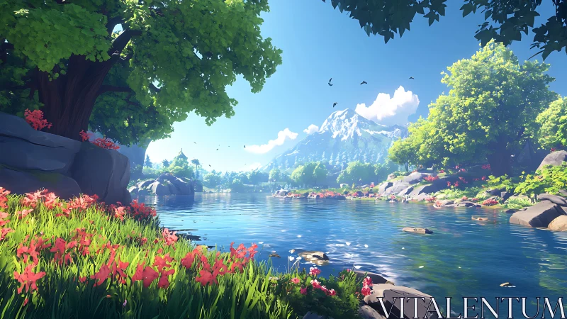 Sunlit river valley under storybook mountains and bloombright trees.