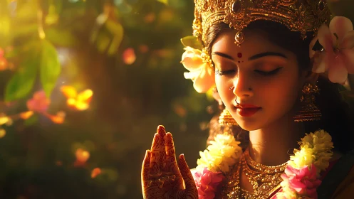 Portrait depicts ornate woman in traditional attire outdoors