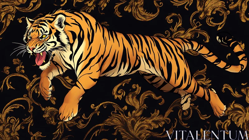 Gilded Jungle Leap: Regal Tiger Vaults Through Baroque Night.