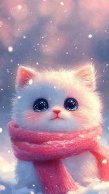 Whimsical White Kitten in Soft Pink Scarf Among Dreamy Lights