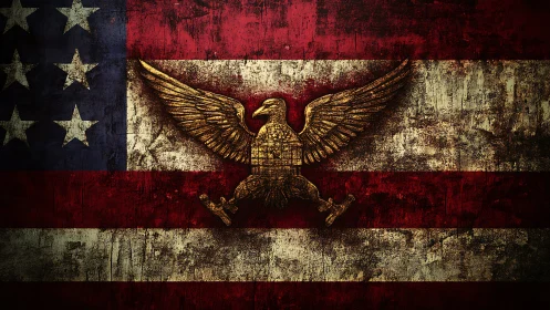 Grunge-textured US flag with central gilded eagle relief emblem.