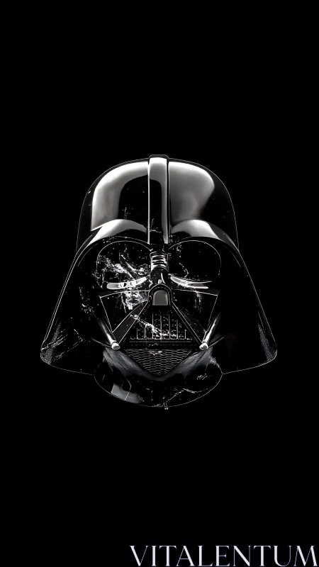 Specular black helmet with fractured visor on deep void background.