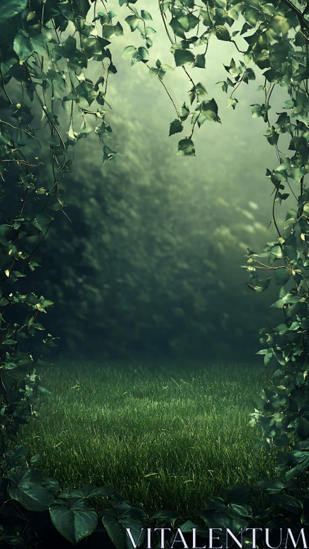 Leaf-framed grassy clearing with diffuse forest light.
