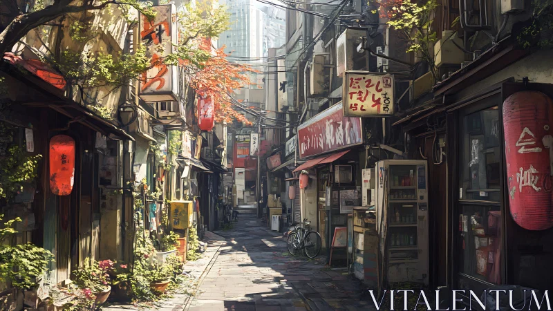 Narrow Tokyo alley with lantern-lit shopfronts and foliage.