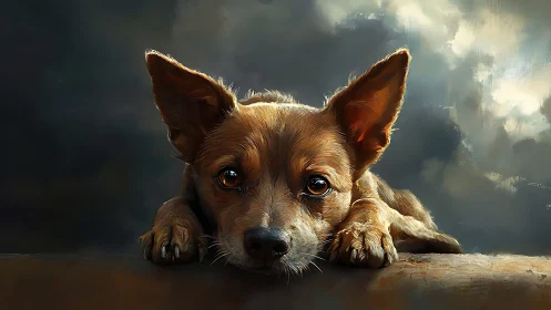 Small brown dog resting on surface under cloudy sky.
