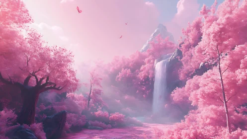 Pink tonal landscape with waterfall, trees and mountains.