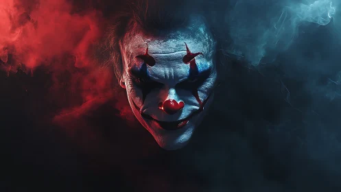 Sinister clown portrait in red and blue smoky lighting.