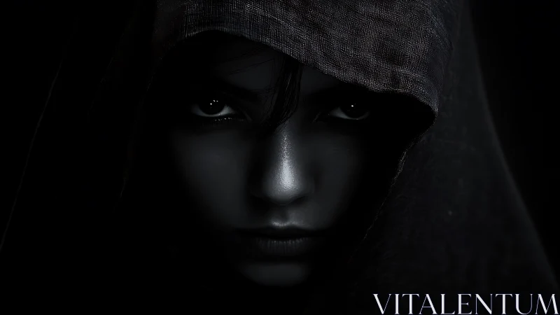 Monochrome hooded portrait with high-contrast chiaroscuro lighting
