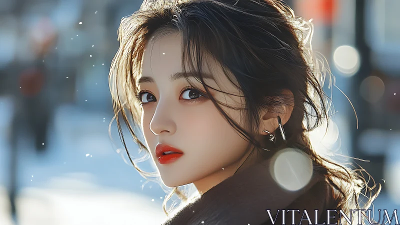 Winter light portrait of woman with soft bokeh glow.