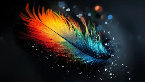 Multicolored feather with water droplets on dark surface.