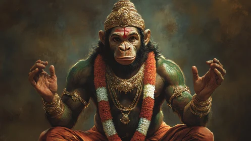 Simian deity portrait with hyperreal ritual regalia detailing.