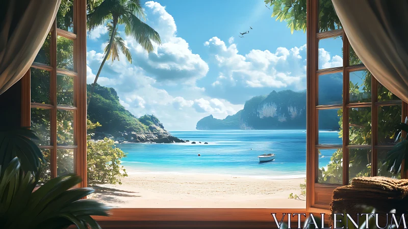 Tropical bay viewed through open wooden window frame at noon