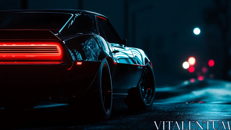 Midnight muscle car glowing under neon city lights.