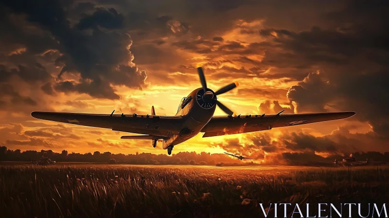 Propeller warplane over field against intense sunset sky.