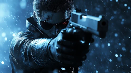 Cool-headed action hero aims forward through winter rain.