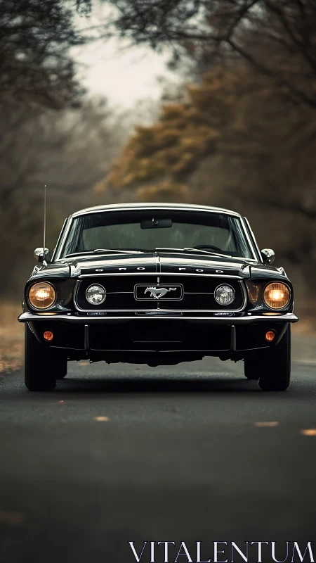 Classic black Mustang stands poised on a quiet forest road