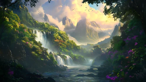 Digital landscape depicts tiered waterfalls and distant peaks