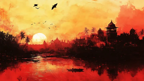 Fiery riverfront skyline dissolves into abstract sunset haze