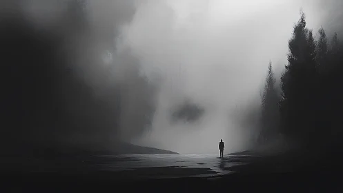 Lone wanderer drifting through monochrome valley fogscape.