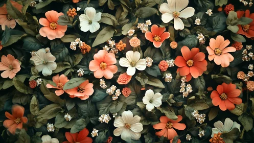 Blooming garden with coral and cream flowers