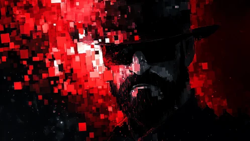 Pixelated shadow in crimson code quietly stares back