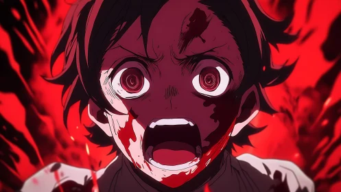 Blood-splattered anime hero screaming amid scarlet chaos.