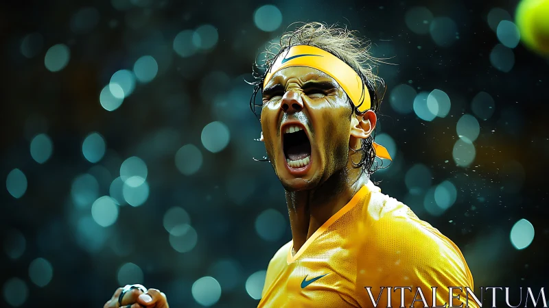 Male tennis player shouts during match under defocused lights